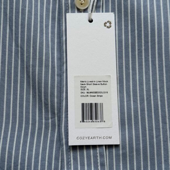 Cozy Earth Mens Coastal Comfort Mock Neck SS Button Down Ocean Stripe Size XL - Picture 5 of 8